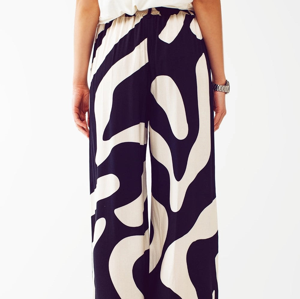 Relaxed Wide Leg Pants Abstract Print