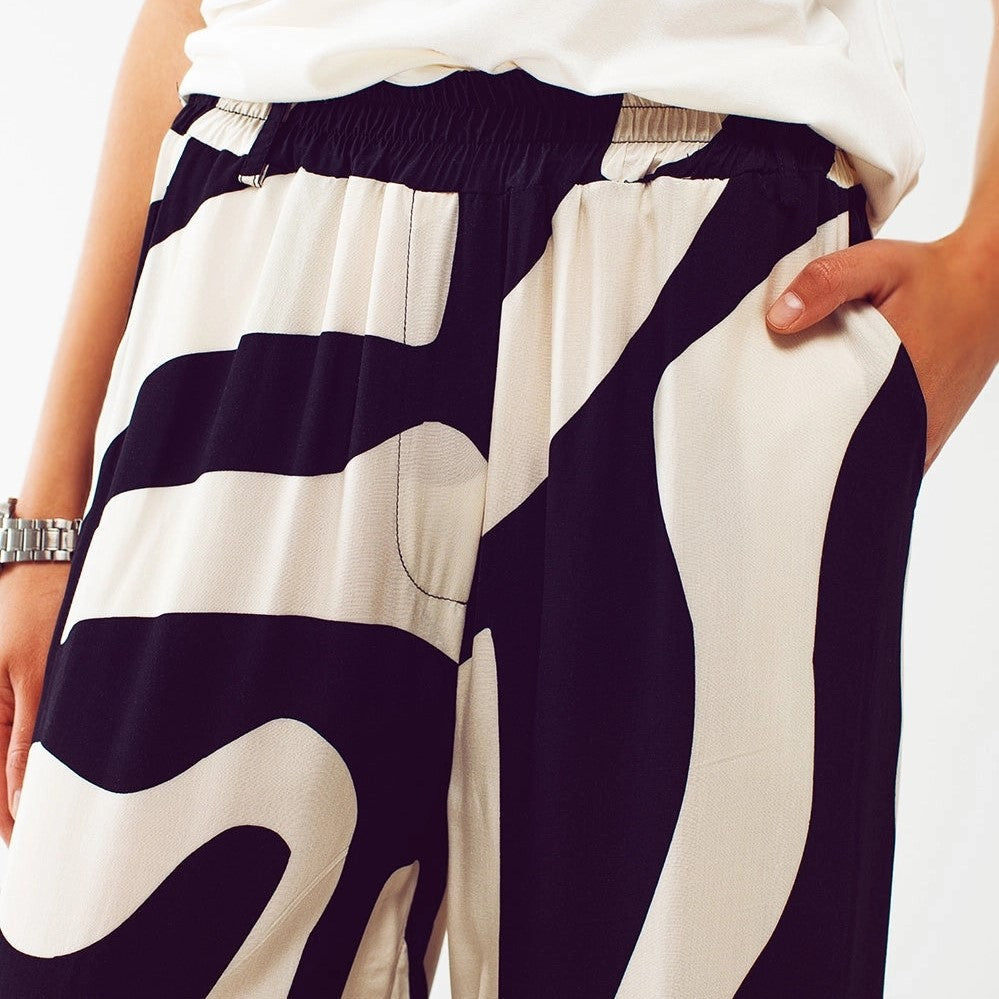 Relaxed Wide Leg Pants Abstract Print