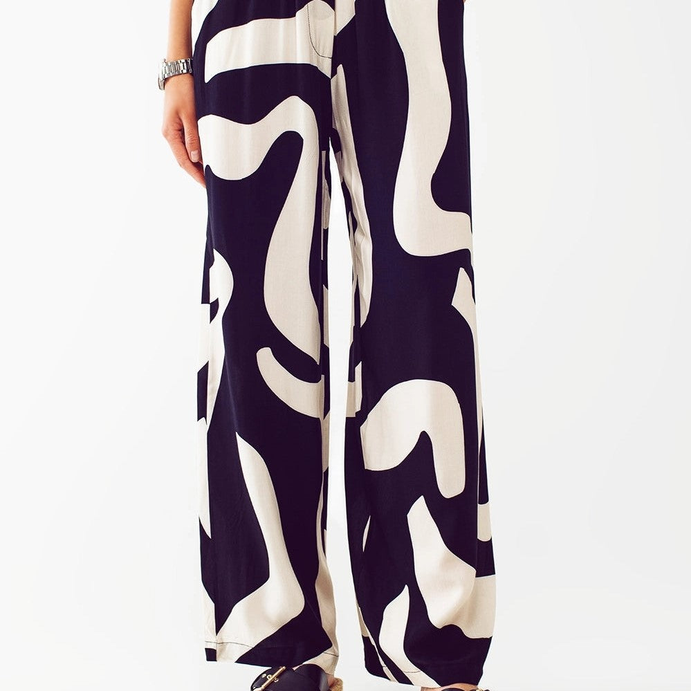 Relaxed Wide Leg Pants Abstract Print