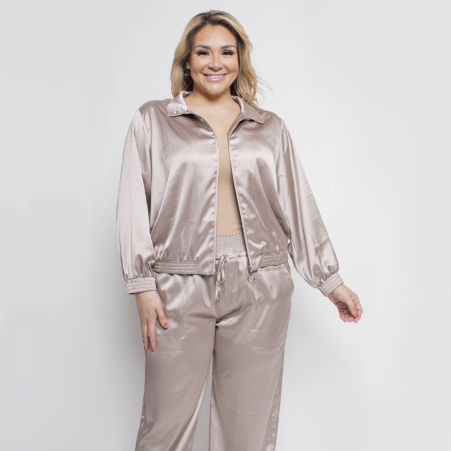 Plus Size Satin Zipper Front Collared Jacket